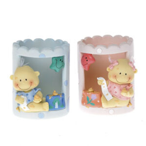 Penneholder, poly., med baby, rosa&lyseblå - 9CM, 2 ASS.