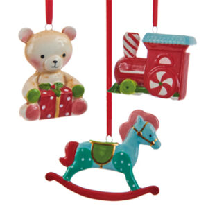 Tog/gyngehest/bamse, keramik, med bånd - 8CM, 3 ASS.