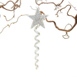 Stjerne på spiral, glas med sølvglimmer&snor - 20CM