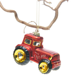 Traktor, glas, rød, med snor - 7X9CM