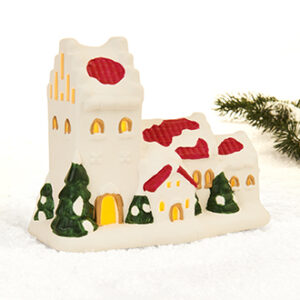 Pobra landsby-kirke, porc. med LED lys (BATTERI) - 15X19CM