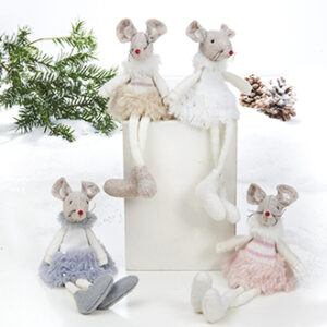 Julemus, pastelfarvet stof, med hængeben - 16CM, 4 ASS.