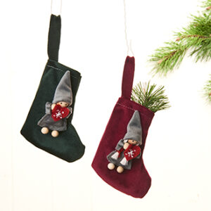 Julesok, velour med nisse&snor, rød/grøn - 13CM, 2 ASS.