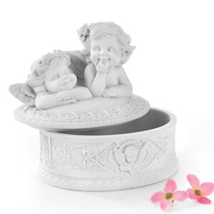 Dåse m/engelx2, hvide blomster, poly. 11CM