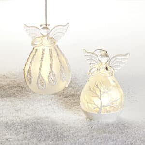Engel, glas, hvid m/deko., m. led/snor - 12CM, 2 ASS.