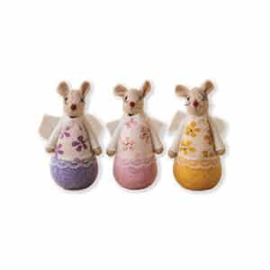 Mus, stående m/blomstret tøj, 9cm. 3 ass.